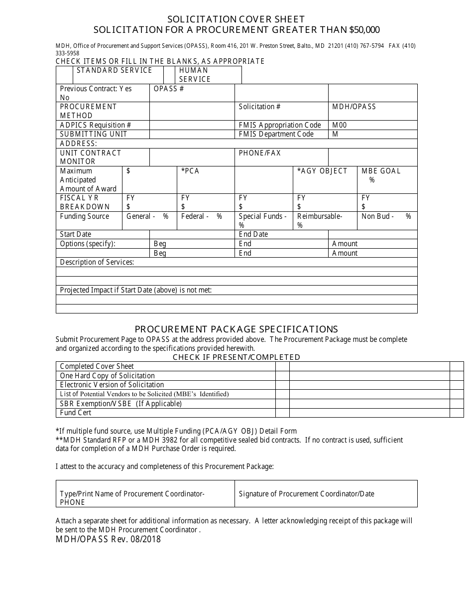 Maryland Solicitation Cover Sheet Solicitation for a Procurement