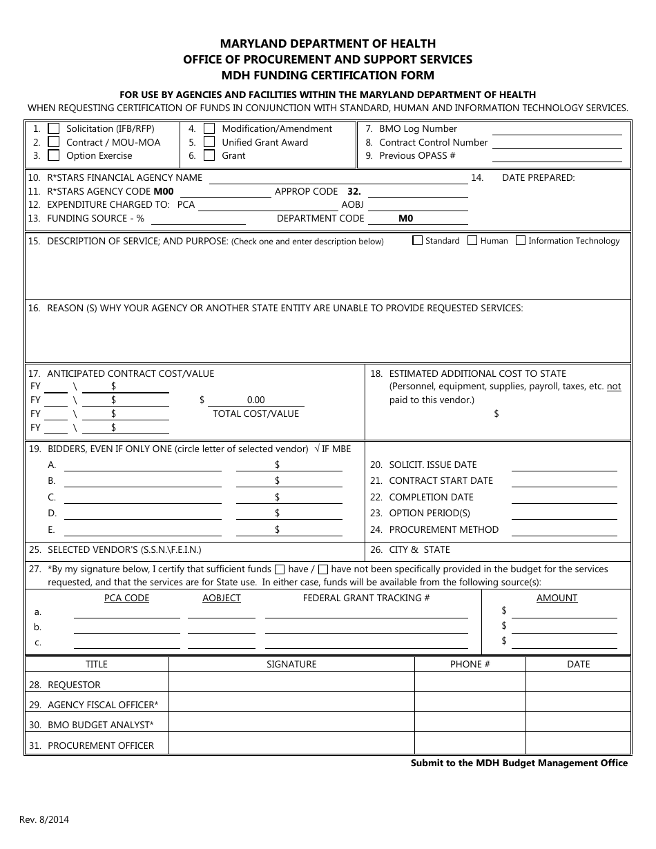 Mdh Funding Certification Form - Maryland, Page 1