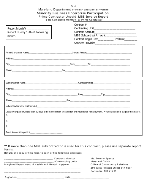 Form A-3 Prime Contractor Unpaid Mbe Invoice Report - Minority Business Enterprise Participation - Maryland