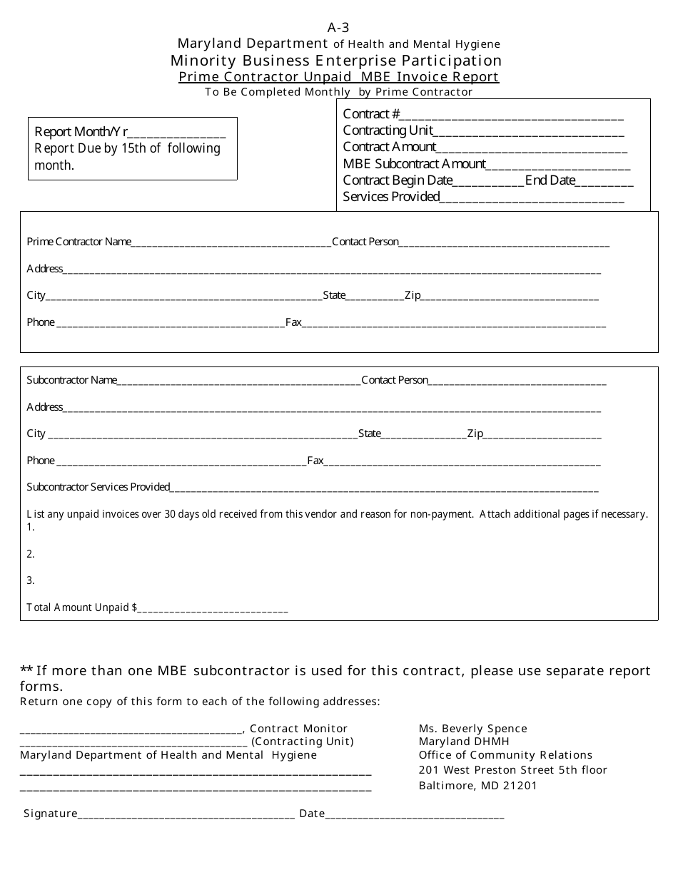 Form A-3 Prime Contractor Unpaid Mbe Invoice Report - Minority Business Enterprise Participation - Maryland, Page 1