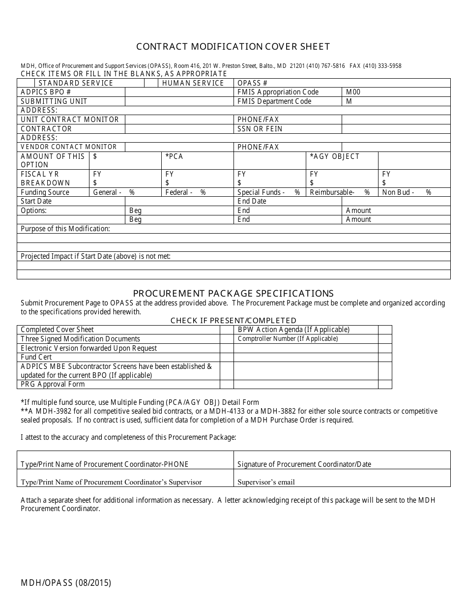 Contract Modification Cover Sheet - Maryland, Page 1