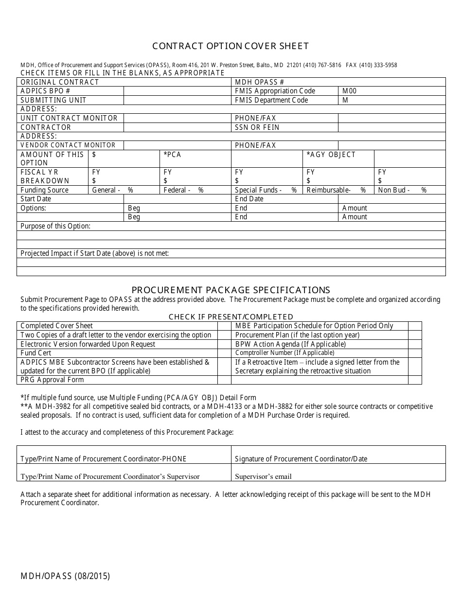 Contract Option Cover Sheet - Maryland, Page 1