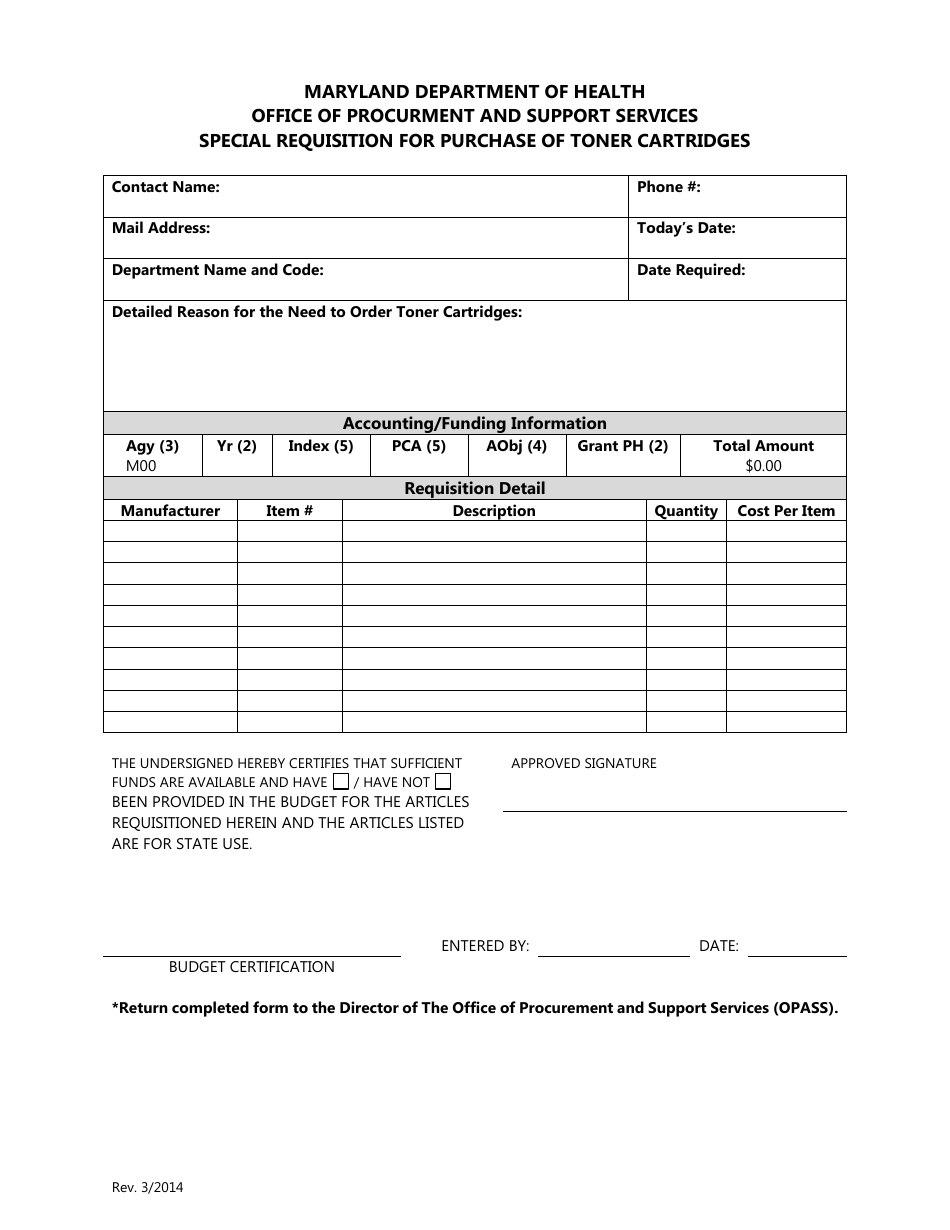 Special Requisition for Purchase of Toner Cartridges - Maryland, Page 1