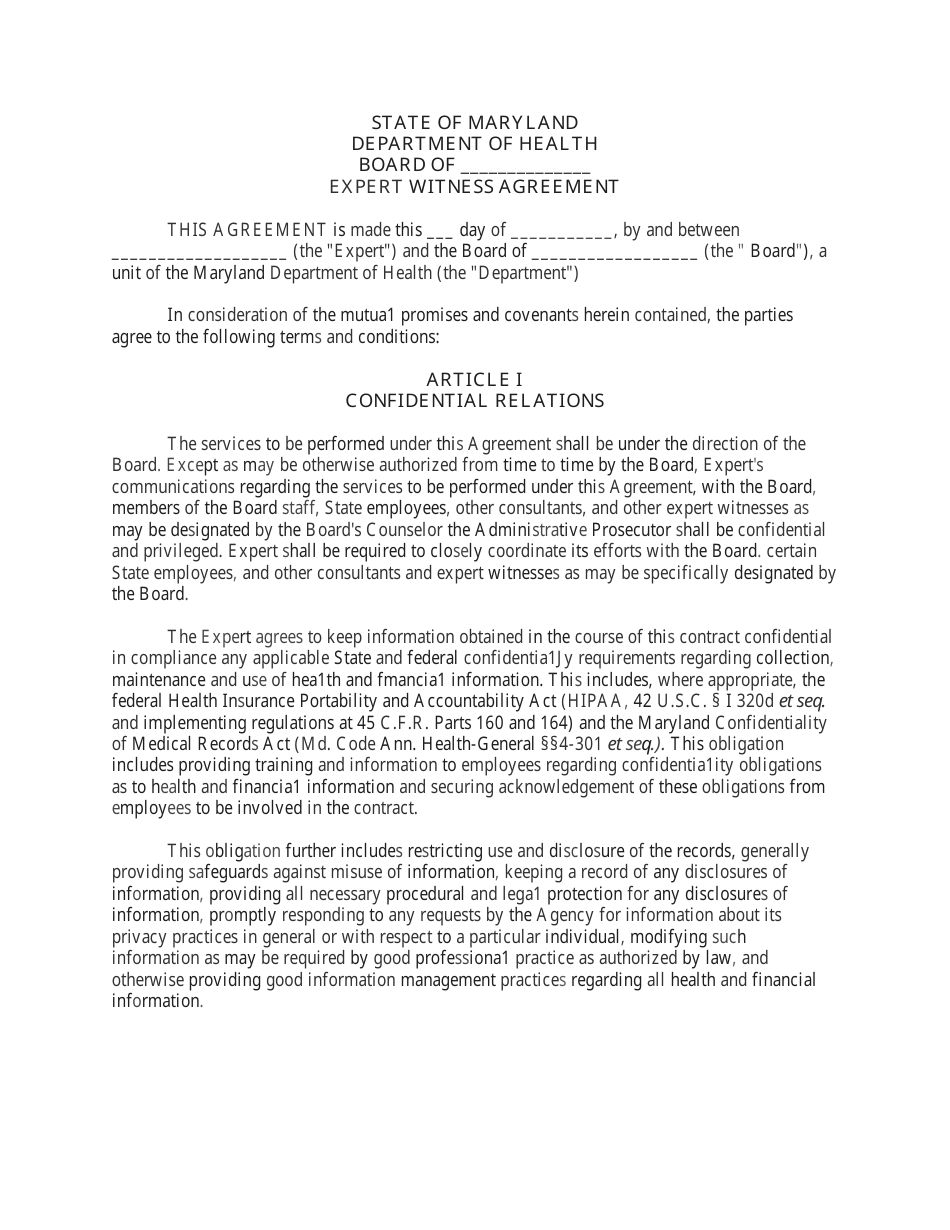 Expert Witness Agreement Form - Maryland, Page 1