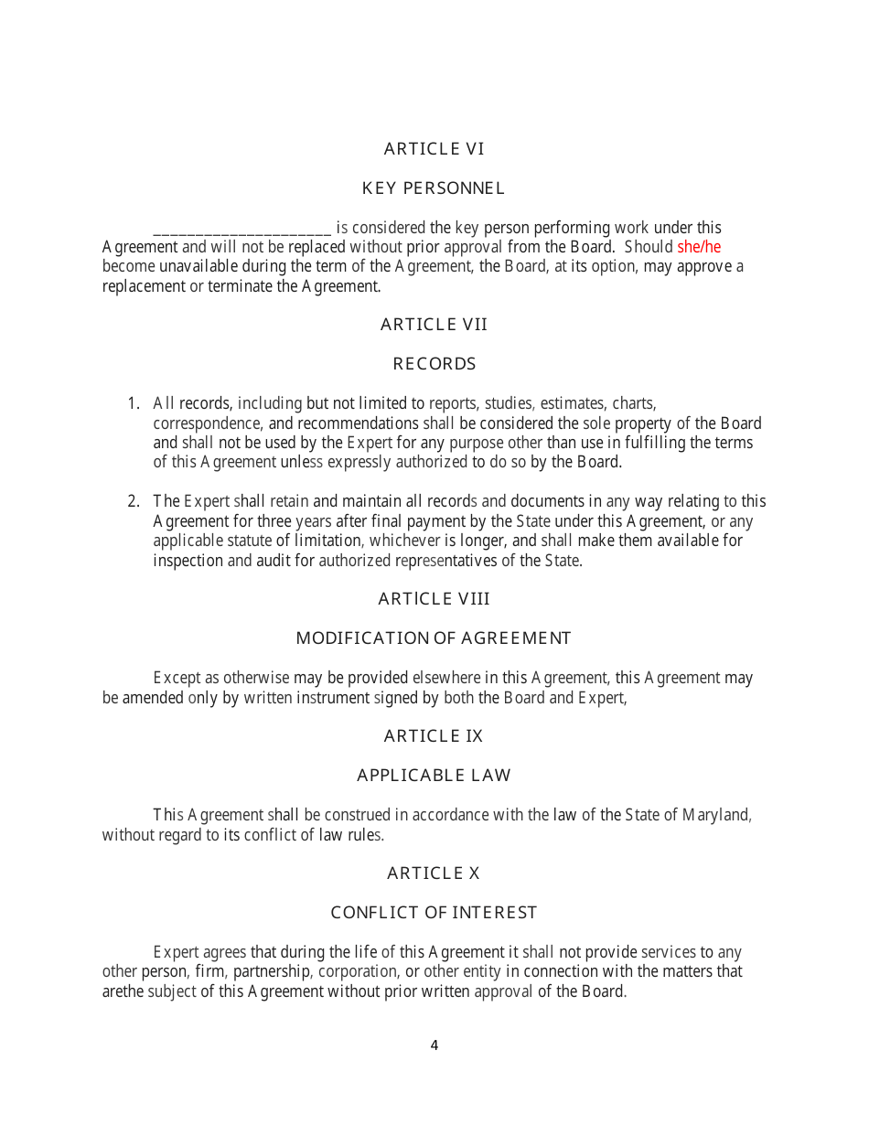 Expert Witness Agreement Form - Maryland, Page 4