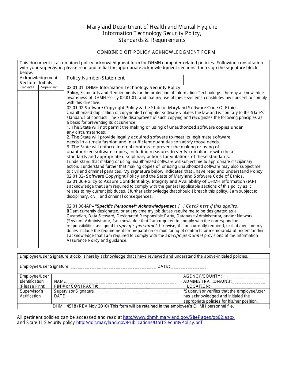 Form DHMH4518 Combined Oit Policy Acknowledgment Form - Maryland, Page 1