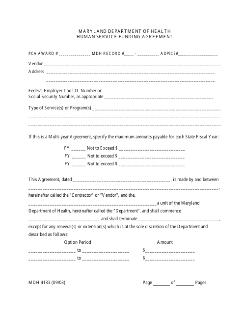 Form MDH4133 Human Service Funding Agreement - Maryland