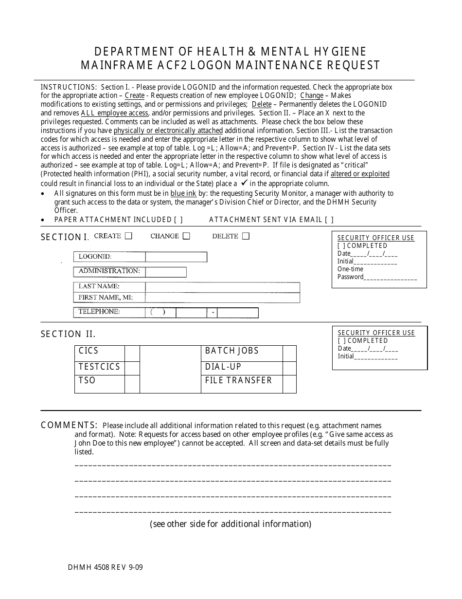 Form DHMH4508 Mainframe Acf2 Logon Maintenance Request - Maryland, Page 1