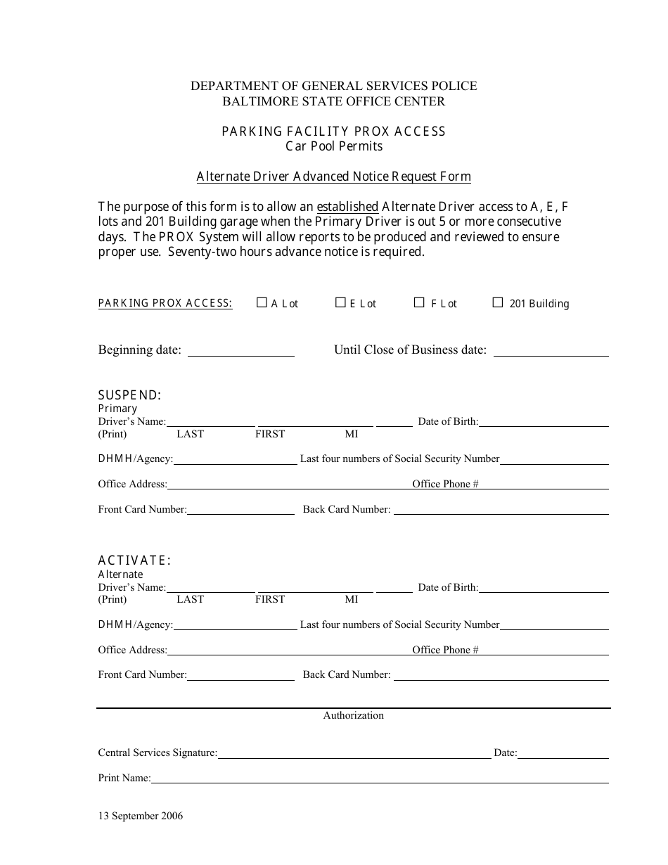 Alternate Driver Advanced Notice Request Form - Maryland, Page 1