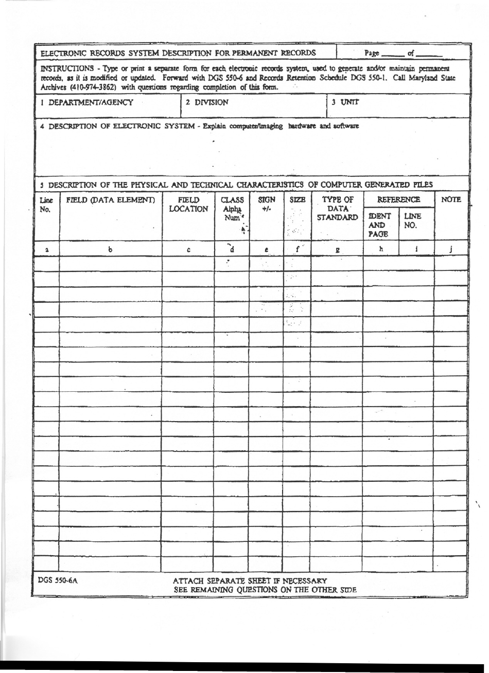 Form DGS-550-6A Electronic Records System Description for Permanent Records - Maryland, Page 1