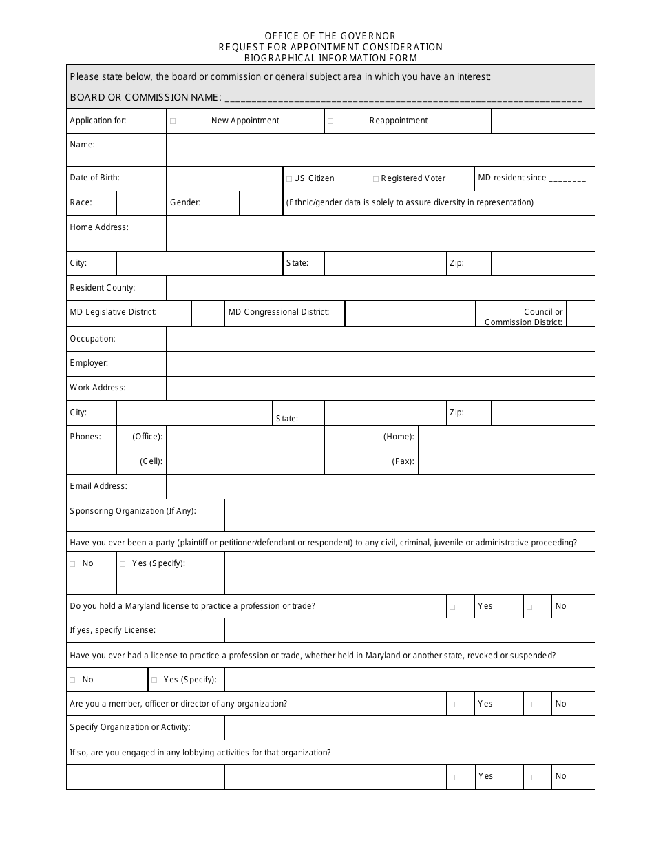 Request for Appointment Consideration Biographical Information Form - Maryland, Page 1