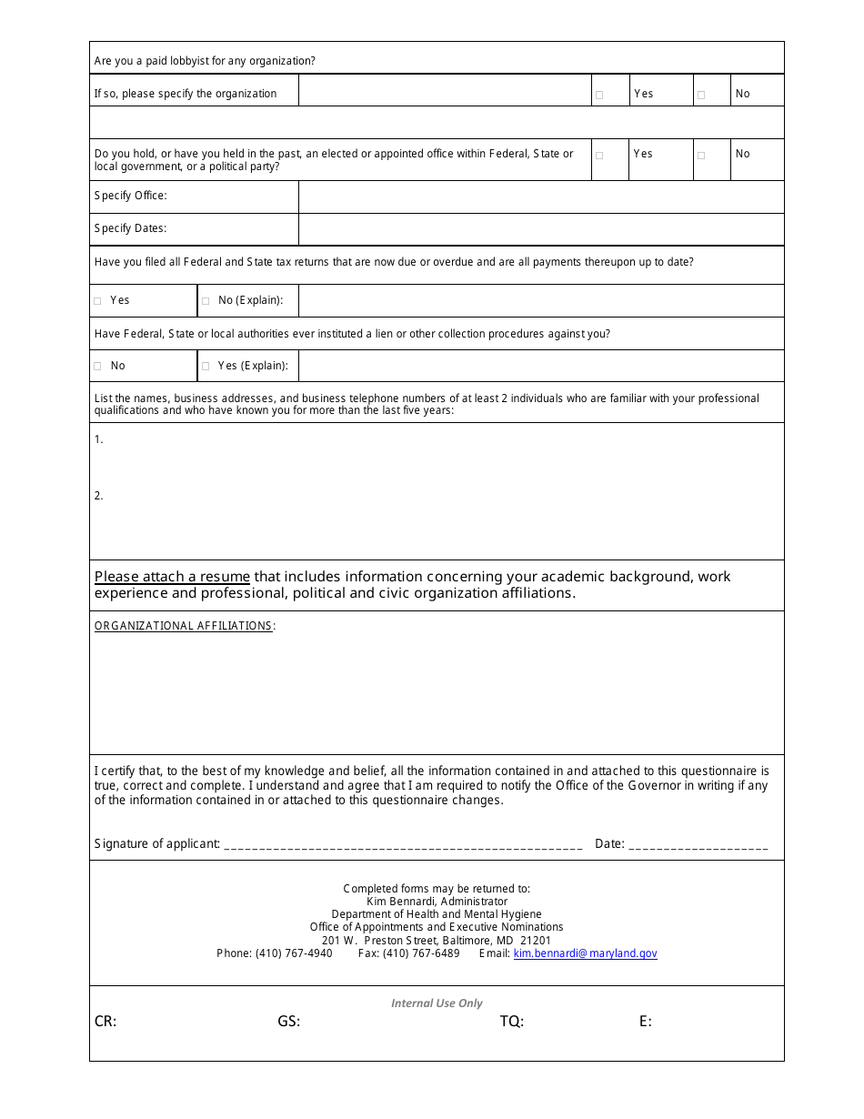 Request for Appointment Consideration Biographical Information Form - Maryland, Page 2
