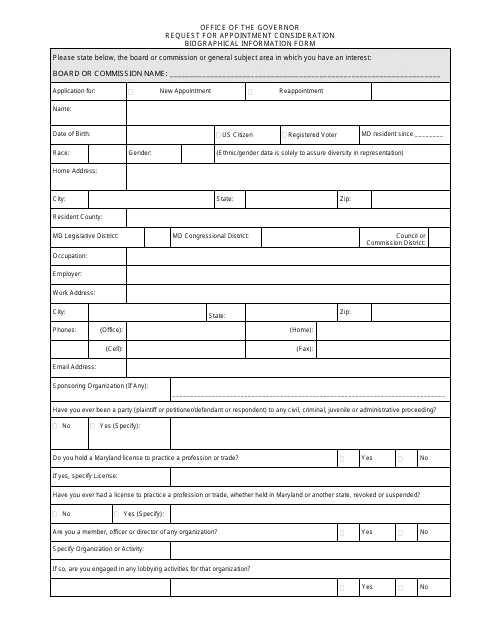 Request for Appointment Consideration Biographical Information Form - Maryland