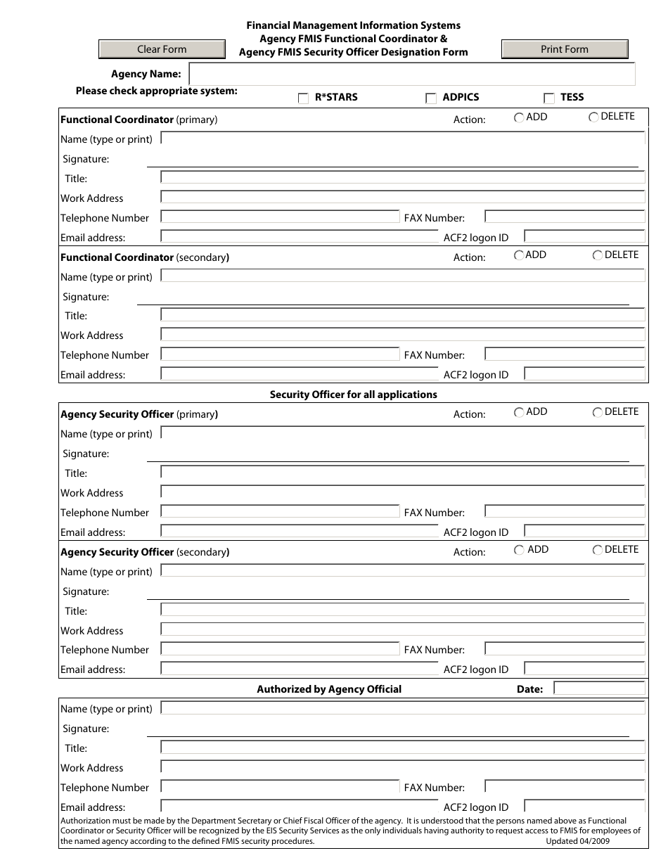 Agency FMIS Functional Coordinator  Agency FMIS Security Officer Designation Form - Maryland, Page 1