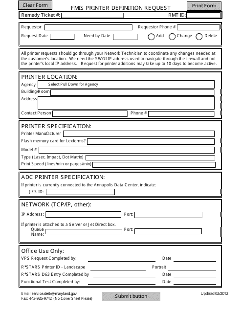 FMIS Printer Definition Request Form - Maryland