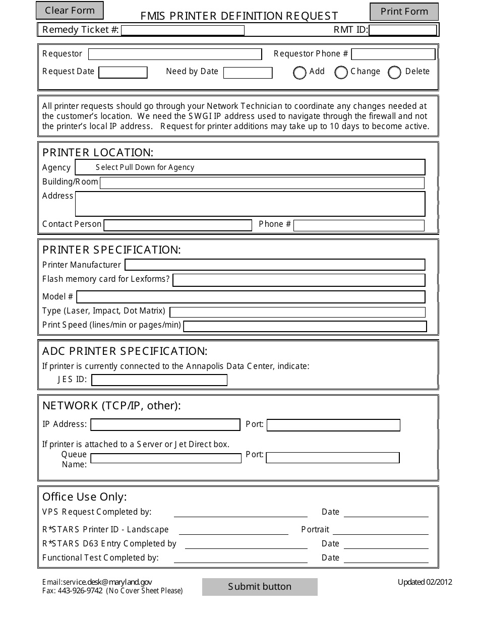 FMIS Printer Definition Request Form - Maryland, Page 1