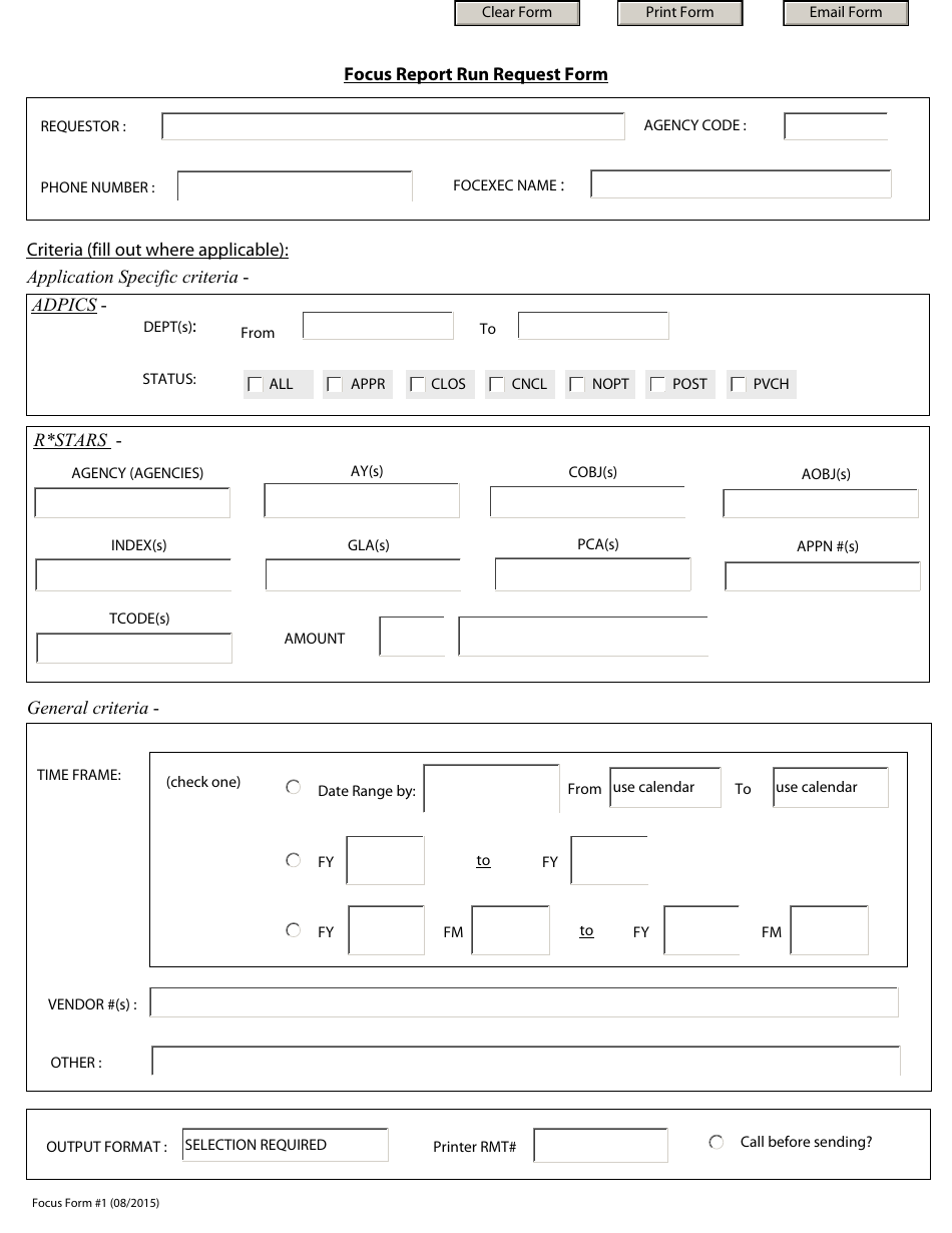 FMIS Form 1 Focus Report Run Request Form - Maryland, Page 1
