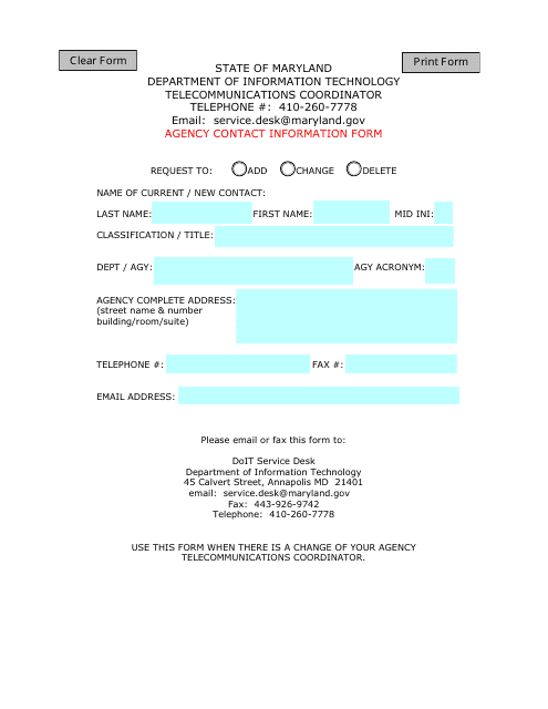 &quot;Agency Contact Information Form&quot; - Maryland Download Pdf