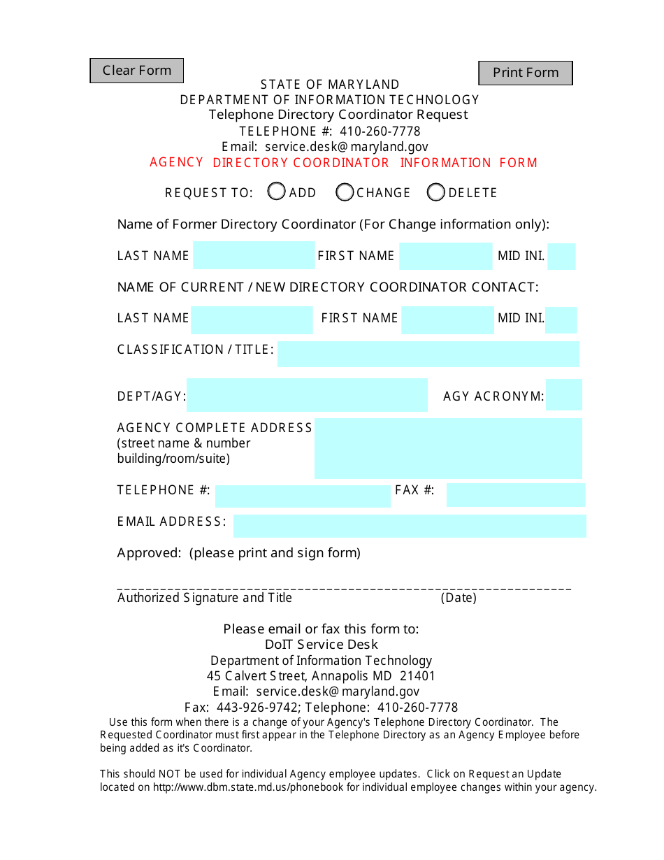 Telephone Directory Coordinator Request Form - Maryland, Page 1