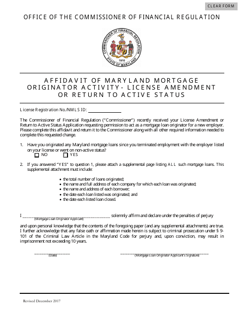 Affidavit of Maryland Mortgage Originator Activity - License Amendment or Return to Active Status - Maryland Download Pdf