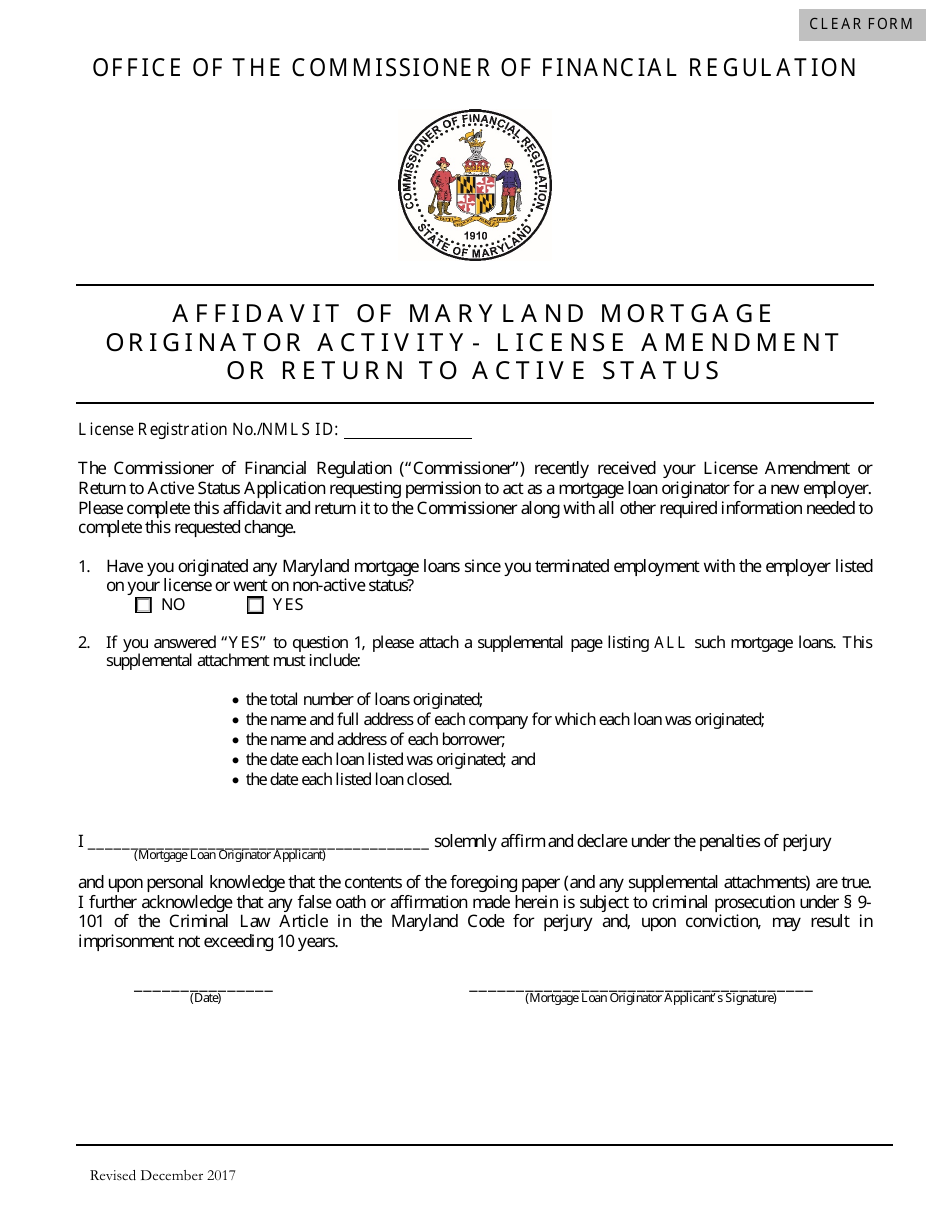Affidavit of Maryland Mortgage Originator Activity - License Amendment or Return to Active Status - Maryland, Page 1