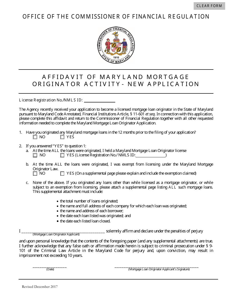 Affidavit of Maryland Mortgage Originator Activity - New Application Form - Maryland, Page 1