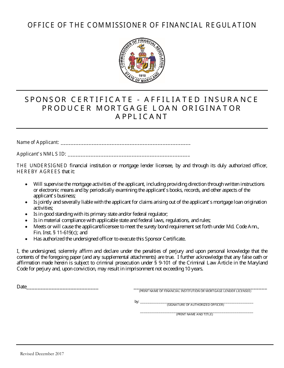 Sponsor Certificate - Affiliated Insurance Producer Mortgage Loan Originator Applicant - Maryland, Page 1