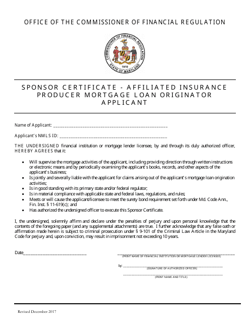 Sponsor Certificate - Affiliated Insurance Producer Mortgage Loan Originator Applicant - Maryland Download Pdf