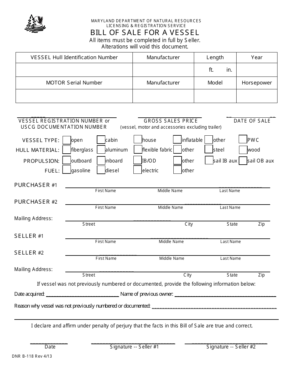 DNR Form B-118 Bill of Sale for a Vessel - Maryland, Page 1