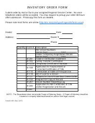 DNR Form B-109 &quot;Inventory Order Form&quot; - Maryland