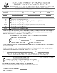 DNR Form F-22 Freshwater/Limited Fishing Guide License - Maryland