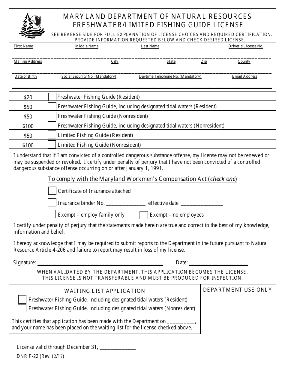 DNR Form F-22 Freshwater / Limited Fishing Guide License - Maryland, Page 1