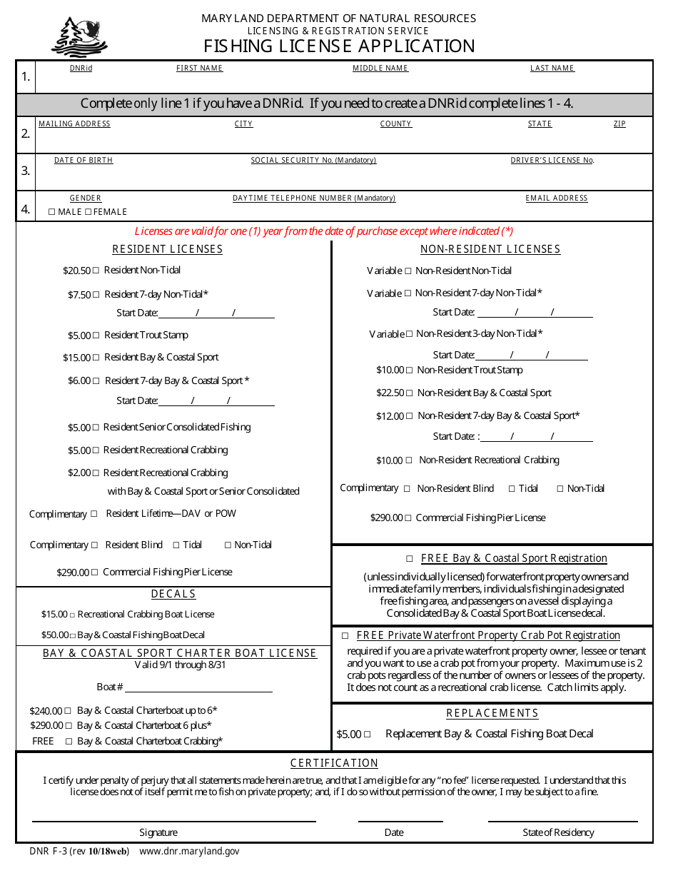 DNR Form F-3 Fishing License Application - Maryland, Page 1