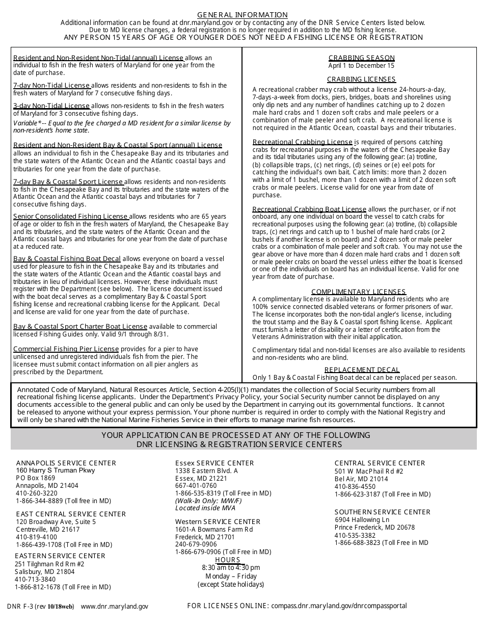 DNR Form F-3 Fishing License Application - Maryland, Page 2