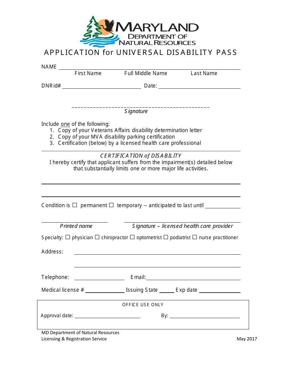 Application for Universal Disability Pass - Maryland, Page 1