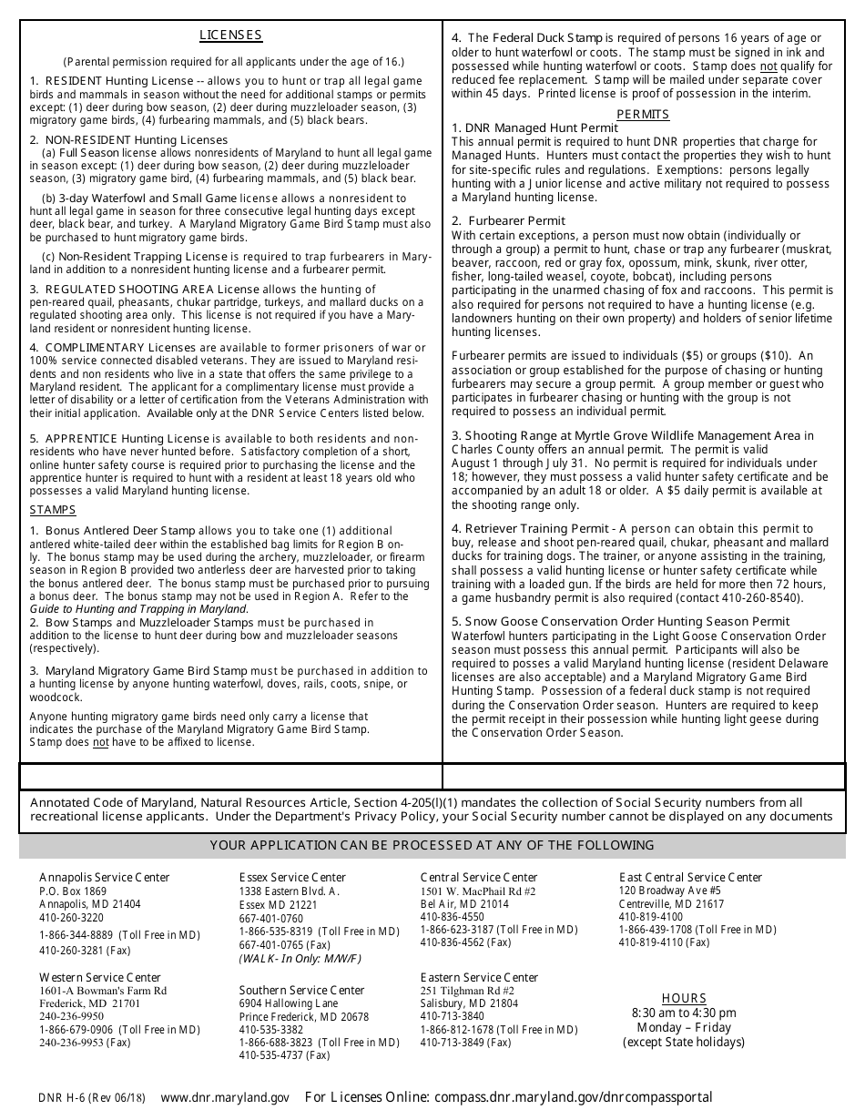 DNR Form H-6 Hunting License Application - Maryland, Page 2