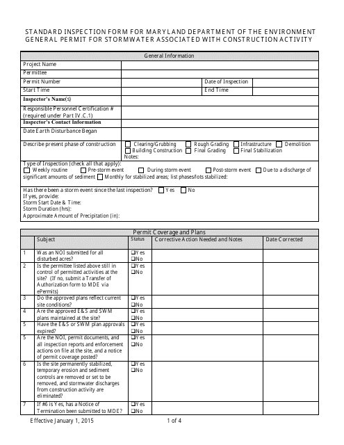 General Permit for Stormwater Associated With Construction Activity Standard Inspection Form - Maryland Download Pdf
