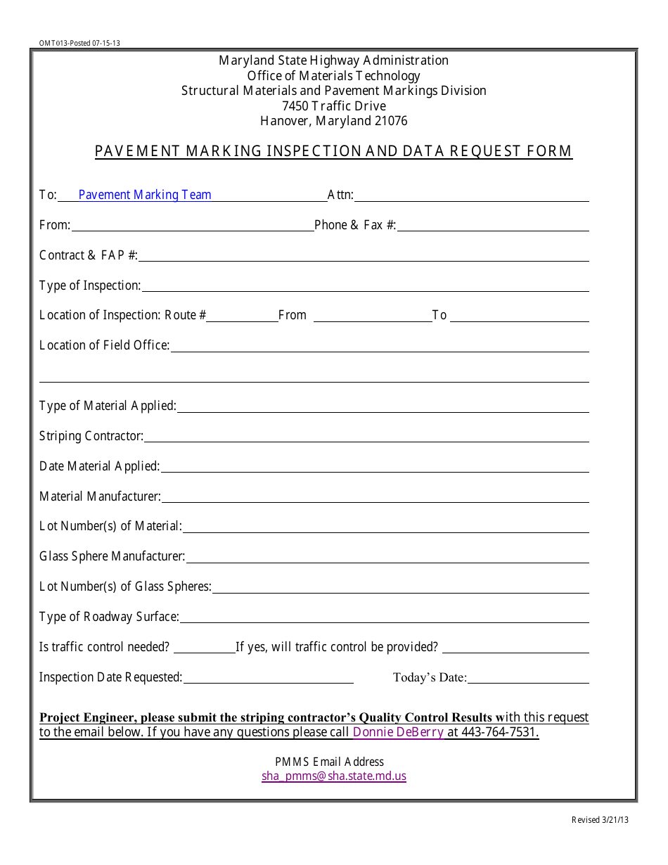 Form OMT013 Pavement Marking Inspection and Data Request Form - Maryland, Page 1