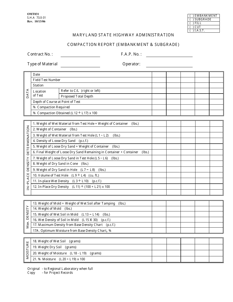 Form OMT031 Compaction Report (Embankment  Subgrade) - Maryland, Page 1