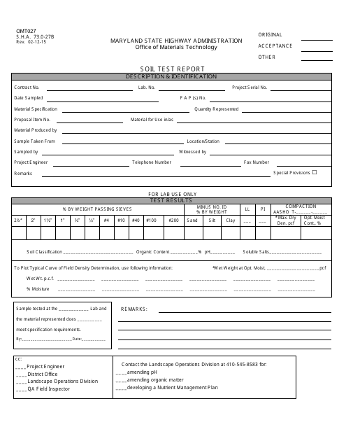 Form OMT027 Soil Test Report - Maryland