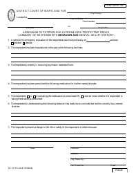 Document preview: Form DC-ERPO-001B Addendum to Petition for Extreme Risk Protective Order - Summary of Respondent's Behavior and Mental Health History - Maryland