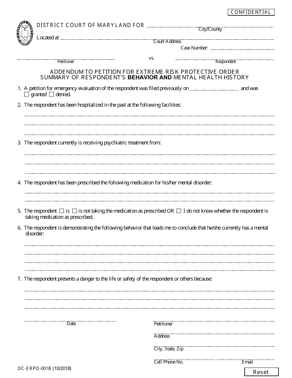 Form DC-ERPO-001B Addendum to Petition for Extreme Risk Protective Order - Summary of Respondents Behavior and Mental Health History - Maryland, Page 1