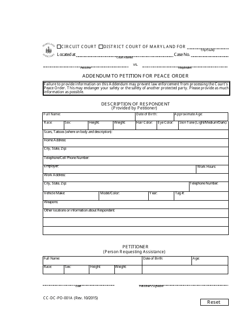 Form CC-DC-PO-001A  Printable Pdf