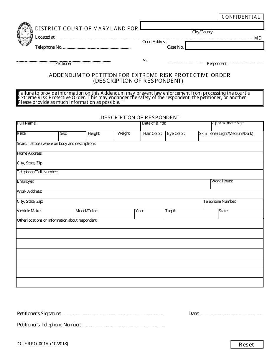 Form DC-ERPO-001A Addendum to Petition for Extreme Risk Protective Order (Description of Respondent) - Maryland, Page 1