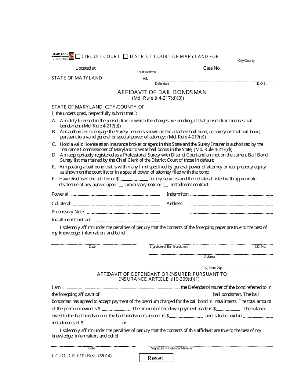 Form CC-DC-CR-010 Affidavit of Bail Bondsman - Maryland, Page 1