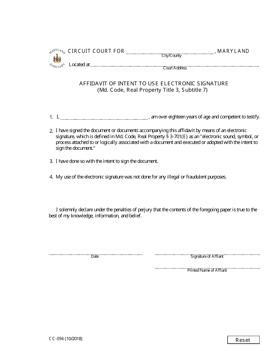 Form CC-094 Affidavit of Intent to Use Electronic Signature - Maryland, Page 1