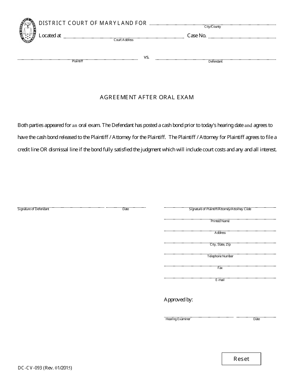 Form DC-CV-093 Agreement After Oral Exam - Maryland, Page 1