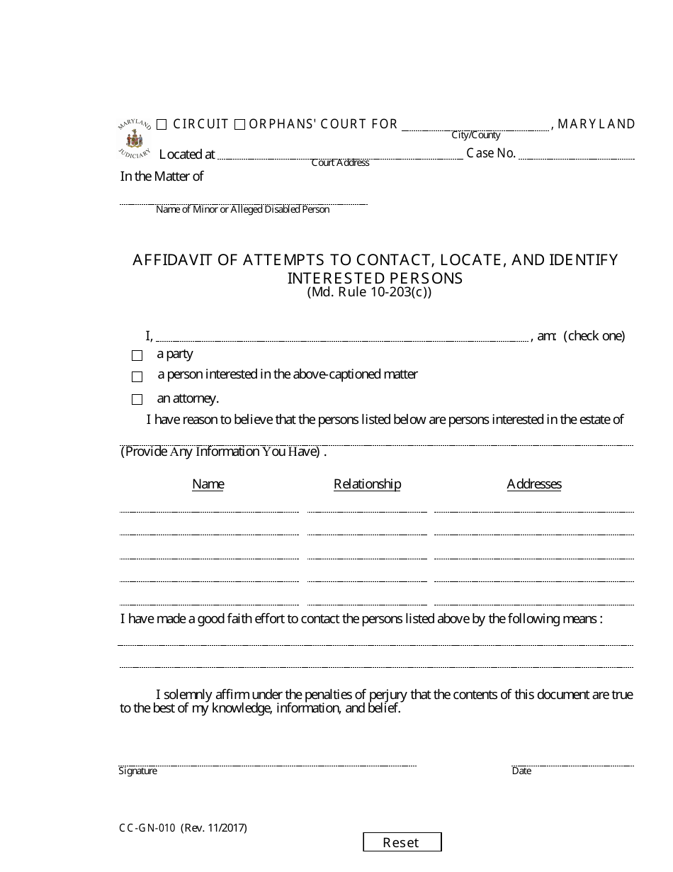 Form CC-GN-010 Affidavit of Attempts to Contact, Locate, and Identify Interested Persons - Maryland, Page 1
