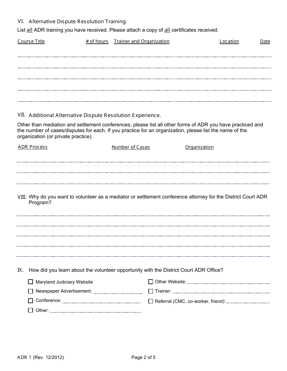 Form ADR1 Download Fillable PDF or Fill Online Volunteer Mediator and ...