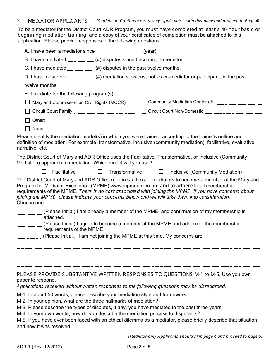 Form ADR1 Volunteer Mediator and Settlement Conference Attorney Application - Maryland, Page 3